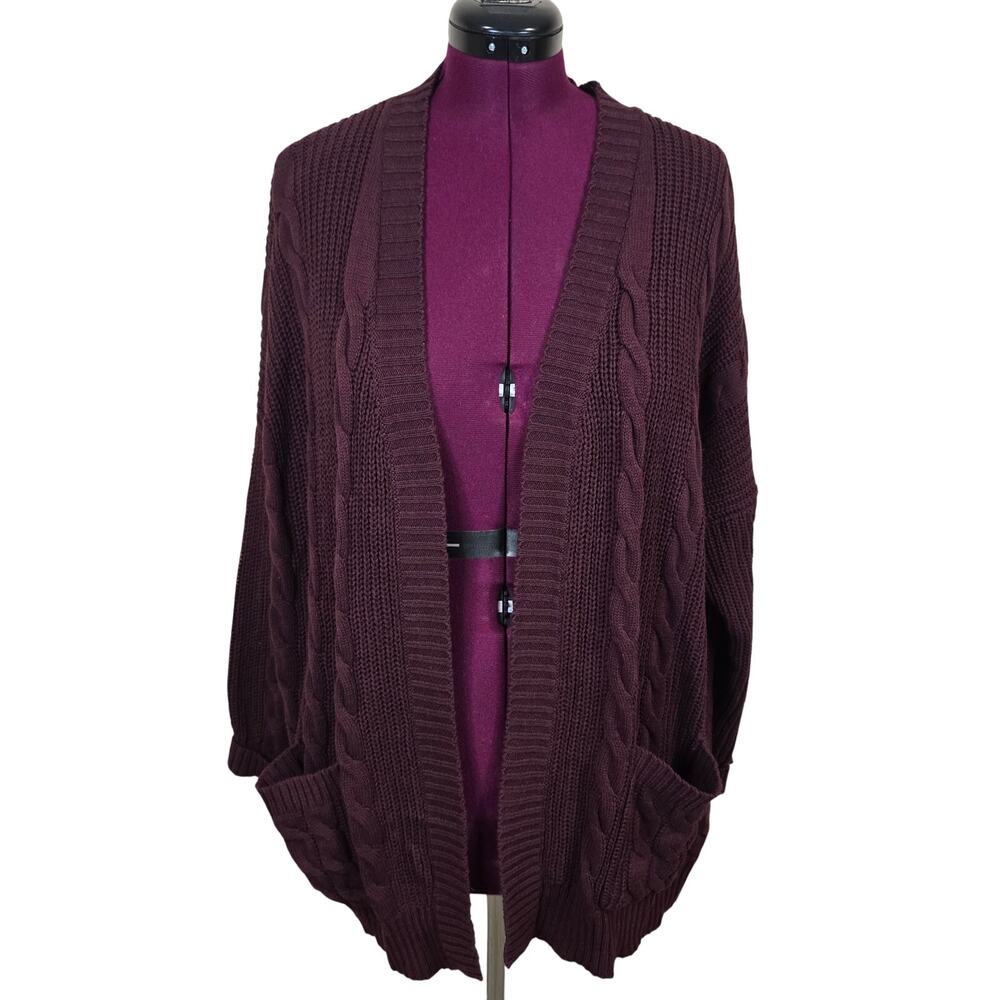 Women's L Love Wine Maroon Cable Knit Open Front Sweater Cardigan | Size S/M